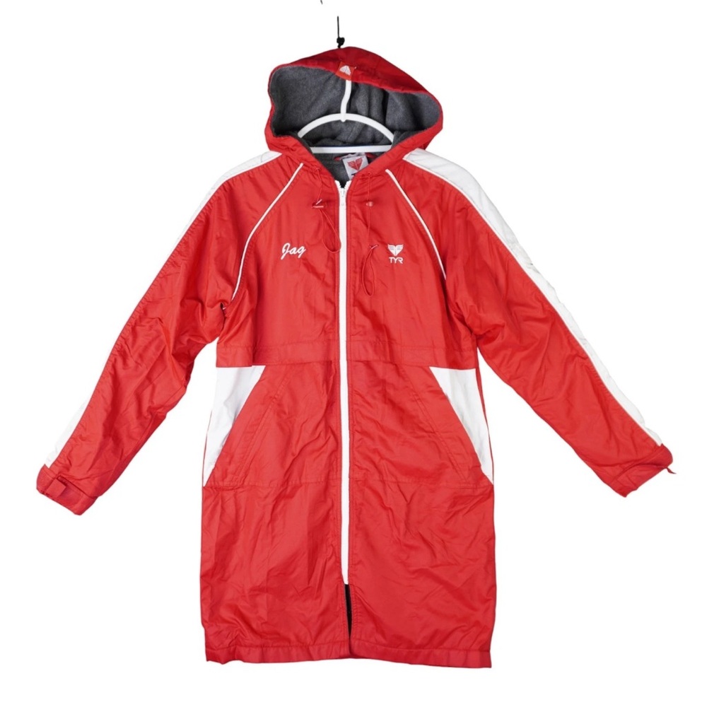 TYR Swim Parka Red White Fleece Lined Hooded Long Coat Full Zip Size Large